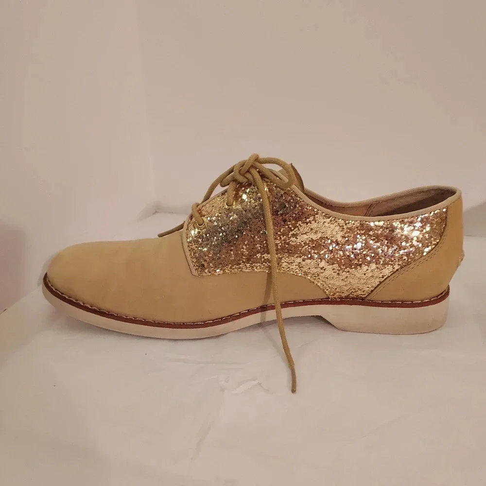 Sperry Top-Sider Beige and Gold Sequin Glitter Lace Up Oxford Shoes in Size 8.5M